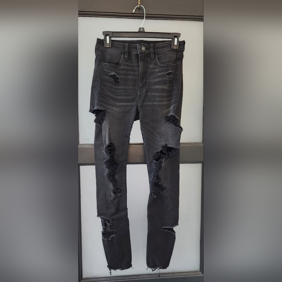 American Eagle Next Level Stretch High Waisted Distressed Skinny Jeans Black - Picture 1 of 7